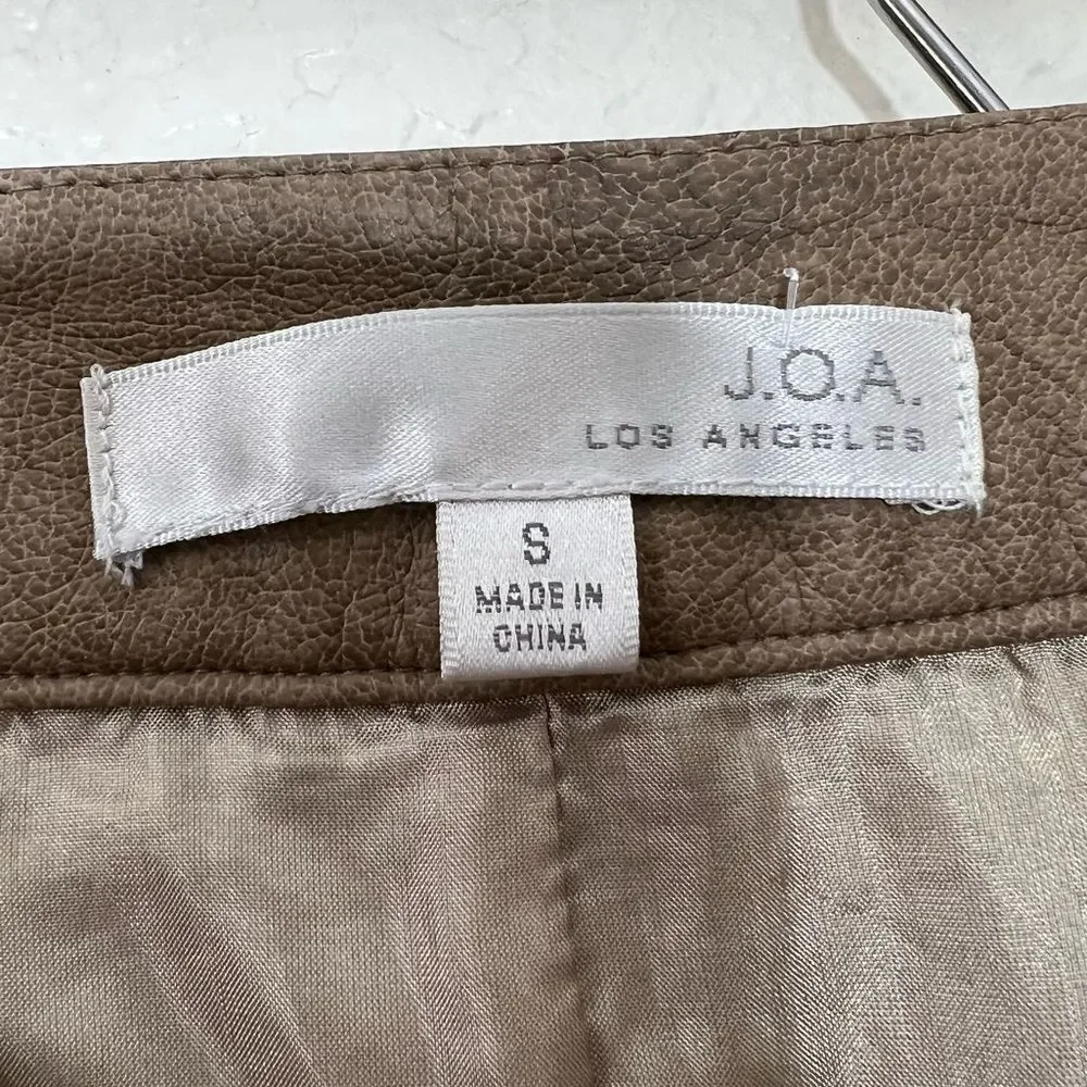 J.O.A Faux Leather Mini Skirt Khaki Tan Zipper Pockets Size S